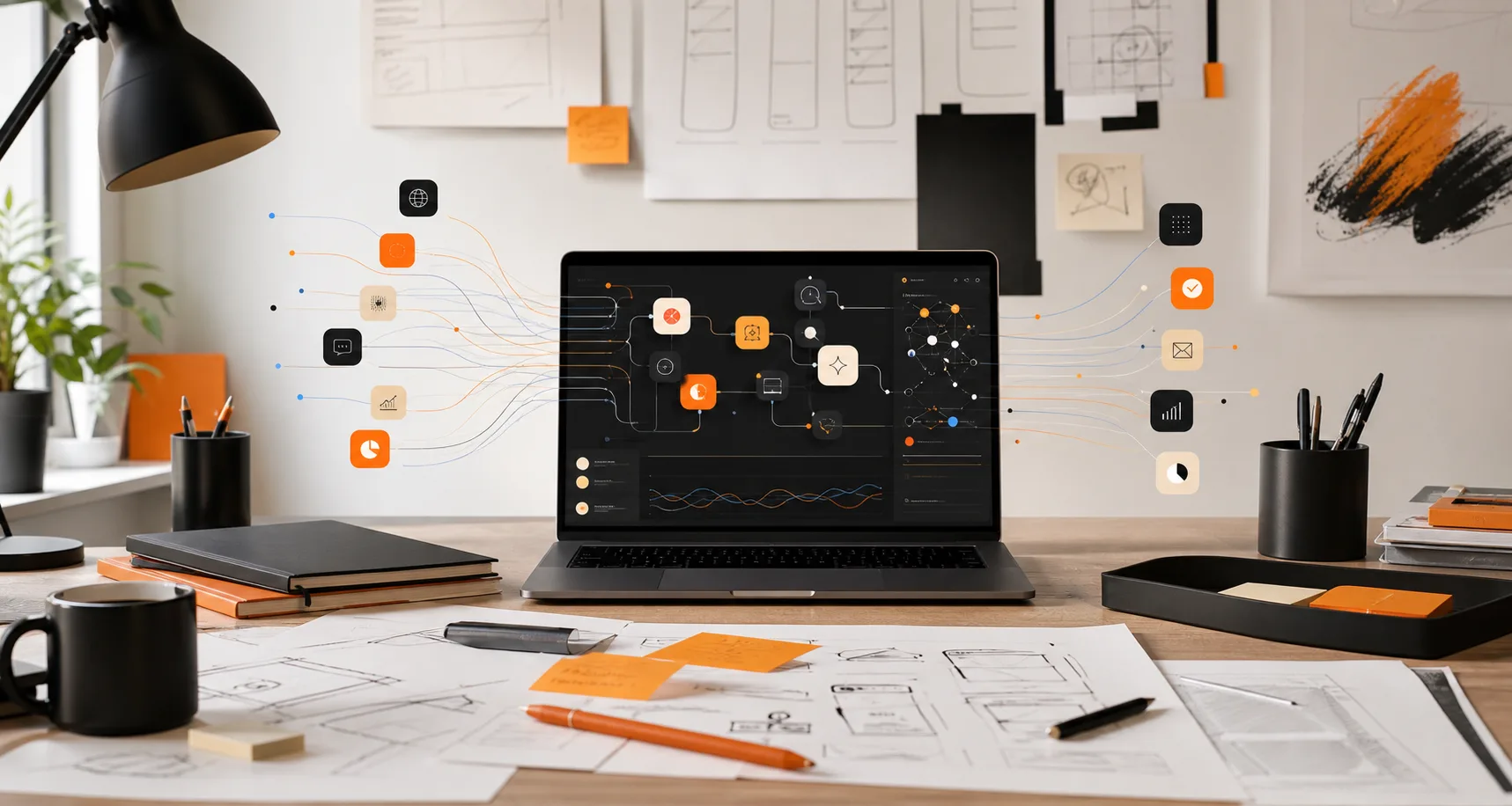 Editorial AI workflow integration scene with connected product and operations systems