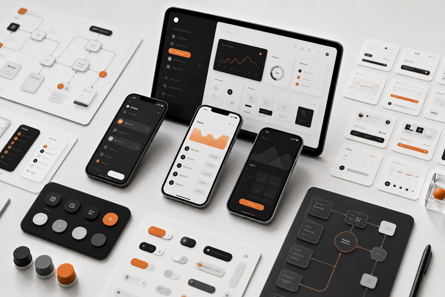 App design screens with mobile flows and dashboard states