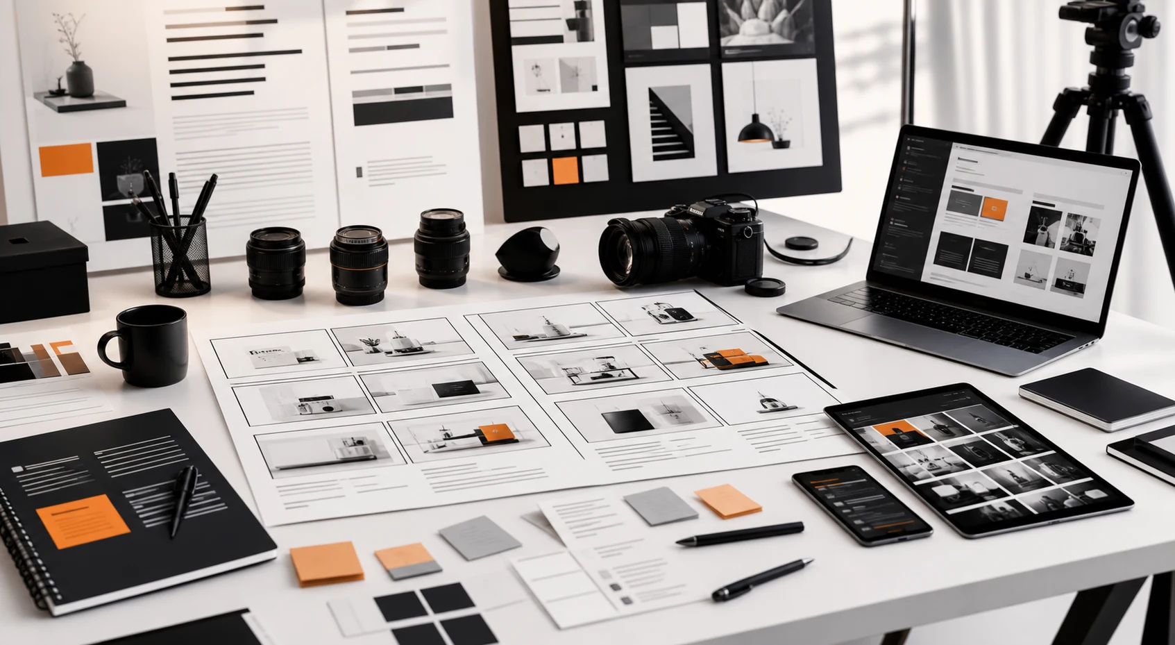 Content creation workspace with storyboard panels and launch copy materials