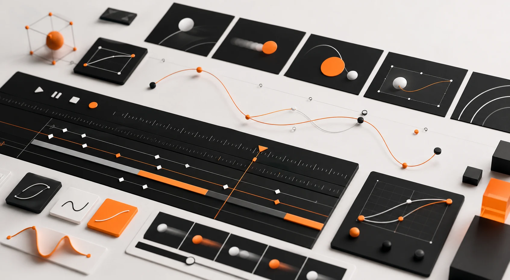 Motion design timeline with keyframes and interface transition frames
