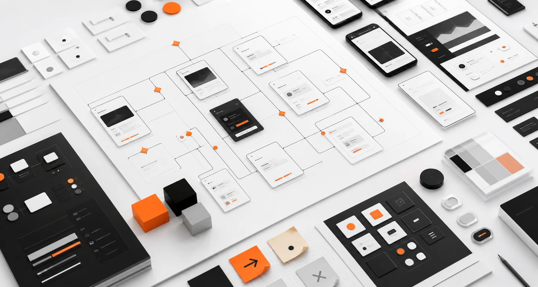 Product design boards with flows, interface states, and prototype screens