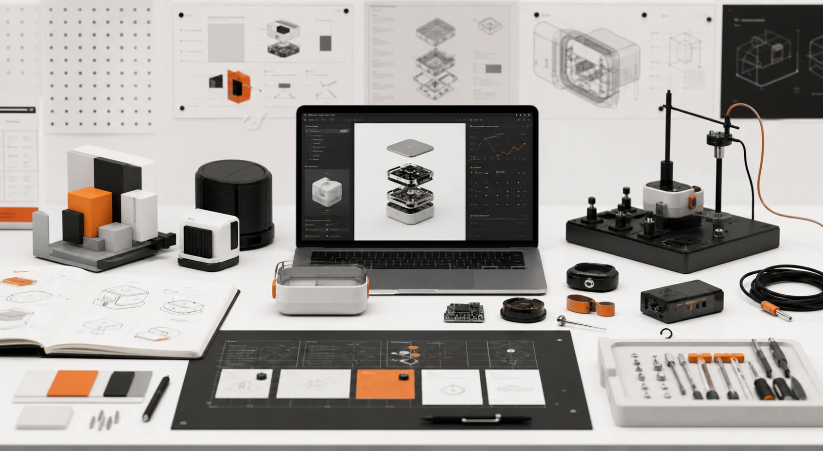 Product development prototype workspace with web app and hardware tools