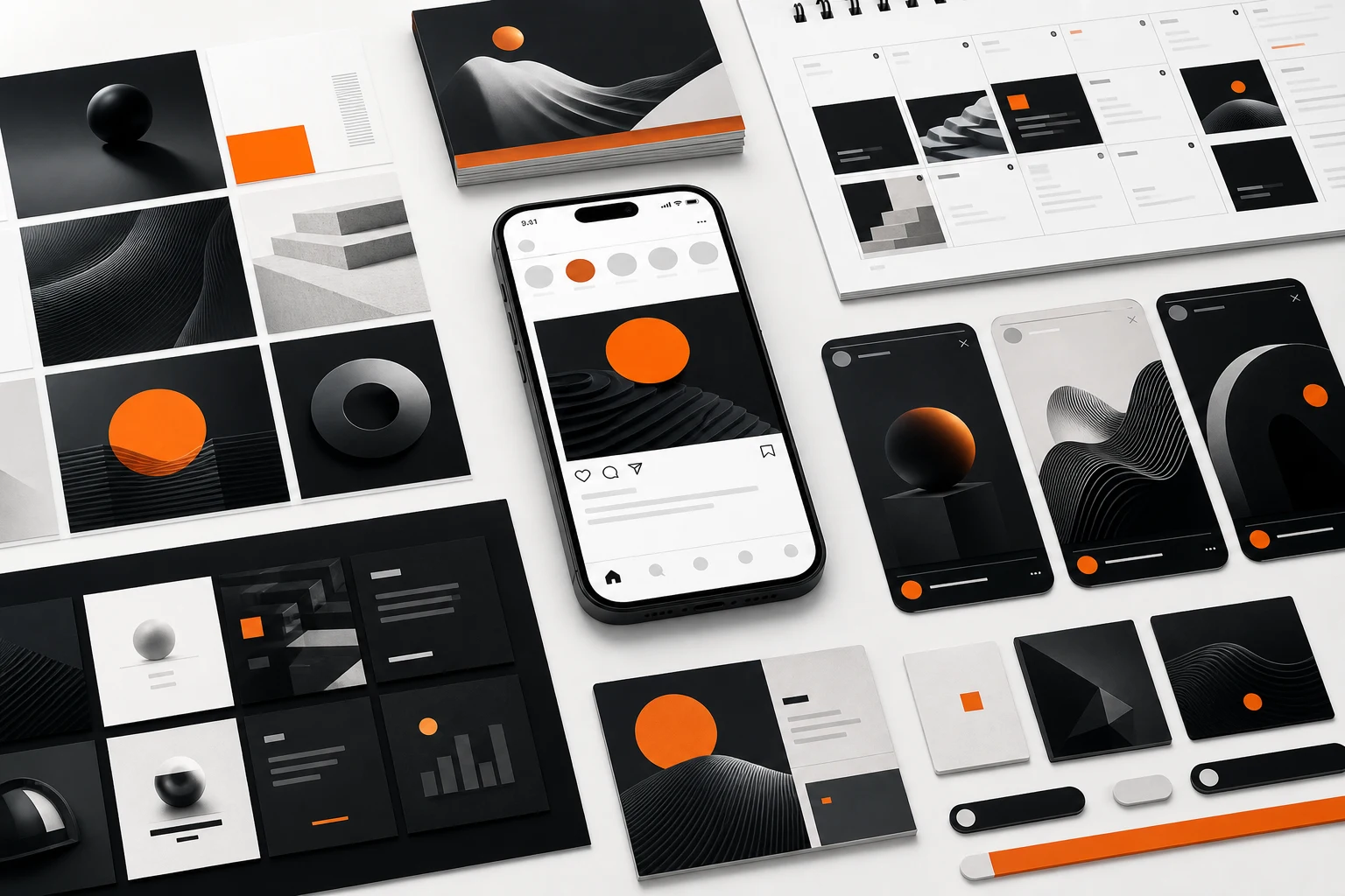 Social media campaign grid with phone mockups and launch creative