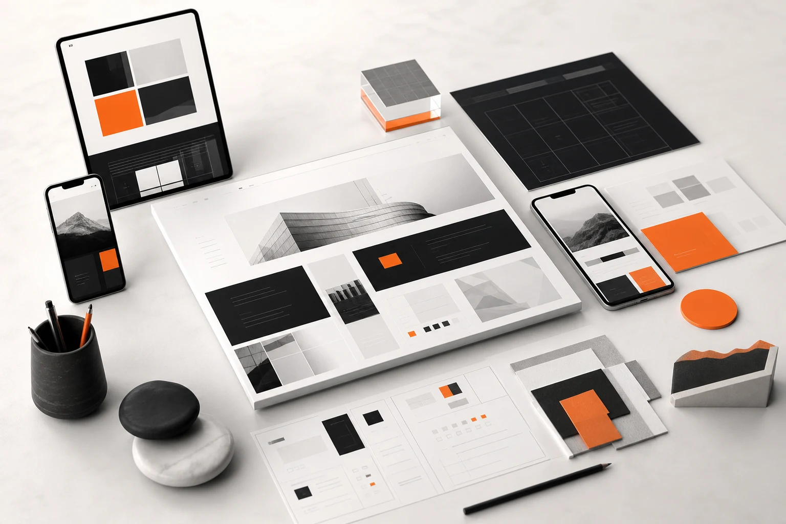 Editorial web design workspace with responsive website layouts