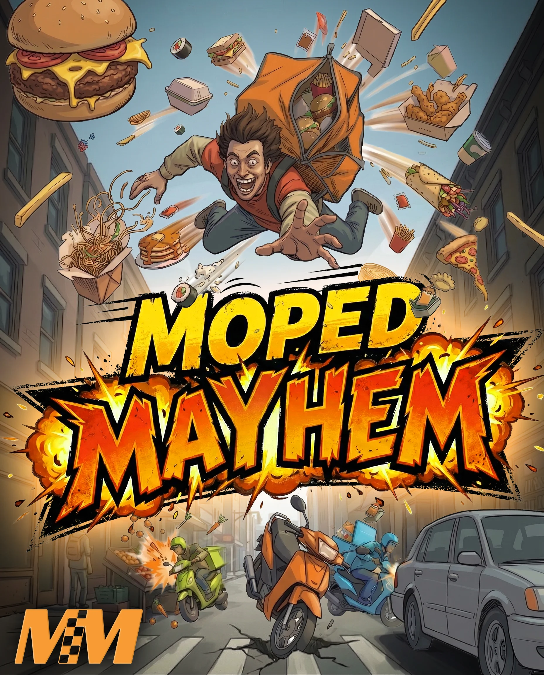 MopedMayhem key art with a rider, food, mopeds, and city traffic