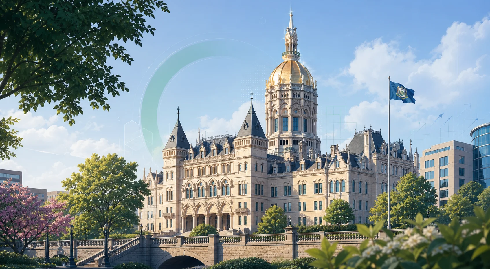 Stylized Connecticut landmark scene for the Super Rad LLC announcement